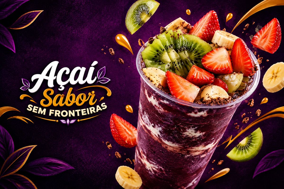 Copo de açaí cremoso coberto com morango, kiwi e banana